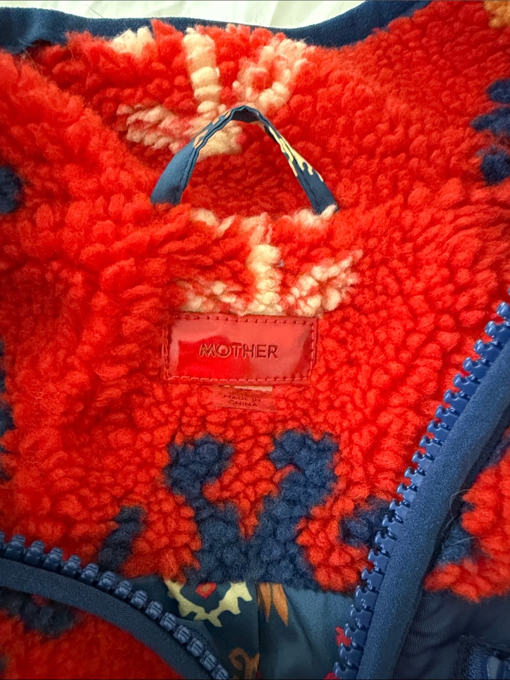 MOTHER Red Patterned Teddy Jacket with Navy Trim - Picture 2 of 5